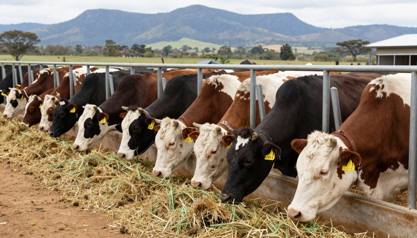 Cattle feeding on grass pellets at KwaZulu-Natal ranch