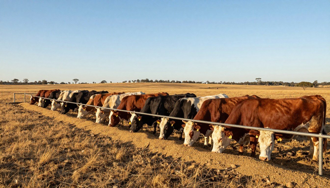 Cattle feeding on pellets at South African ranch