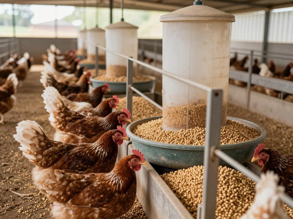 Chickens eating pelleted feed in modern South African poultry house