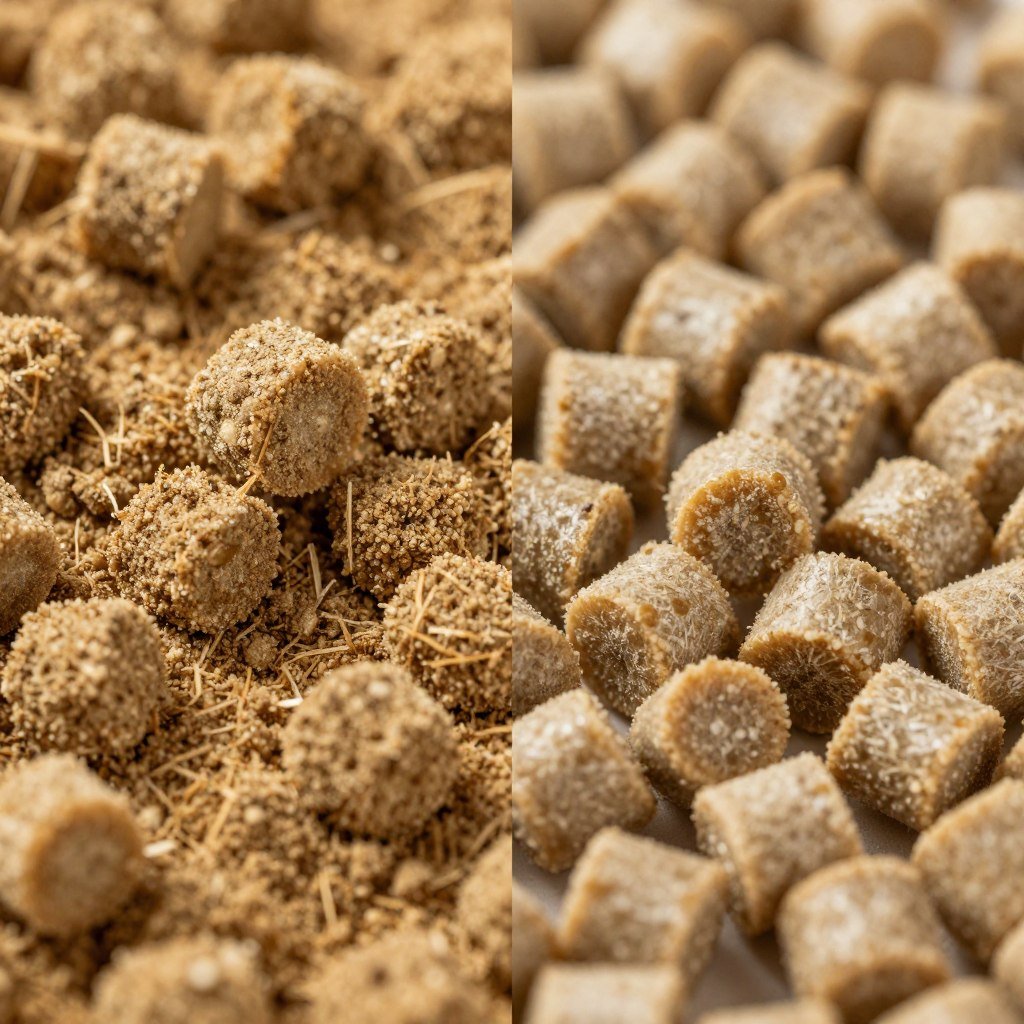 Close-up comparison of meal feed versus pelleted calf starter feed Close-up comparison of meal feed versus pelleted calf starter feed