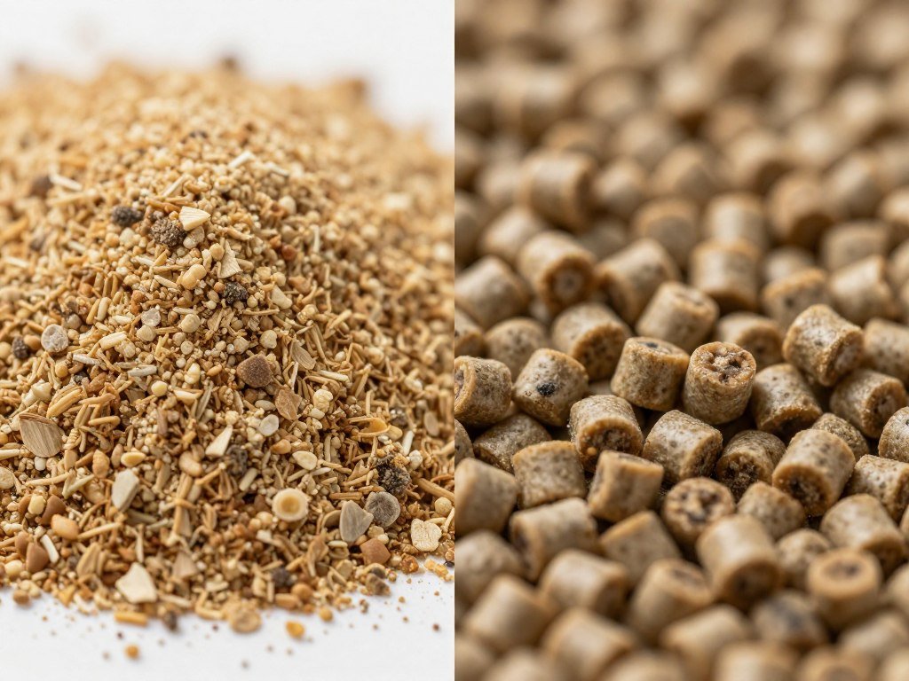 Close-up comparison showing loose mash feed versus uniform feed pellets
