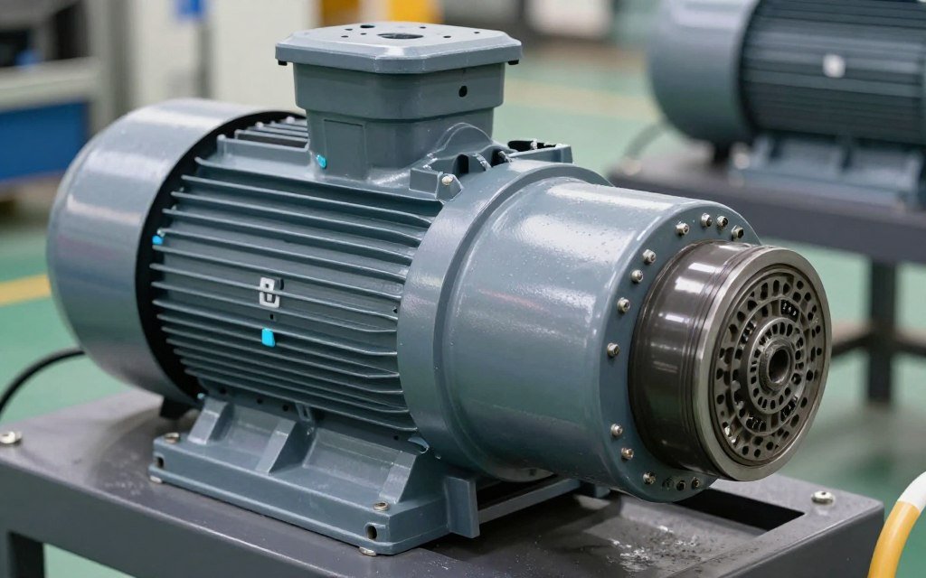 Close-up of electric motor and drive system on MAIKONG pellet machine
