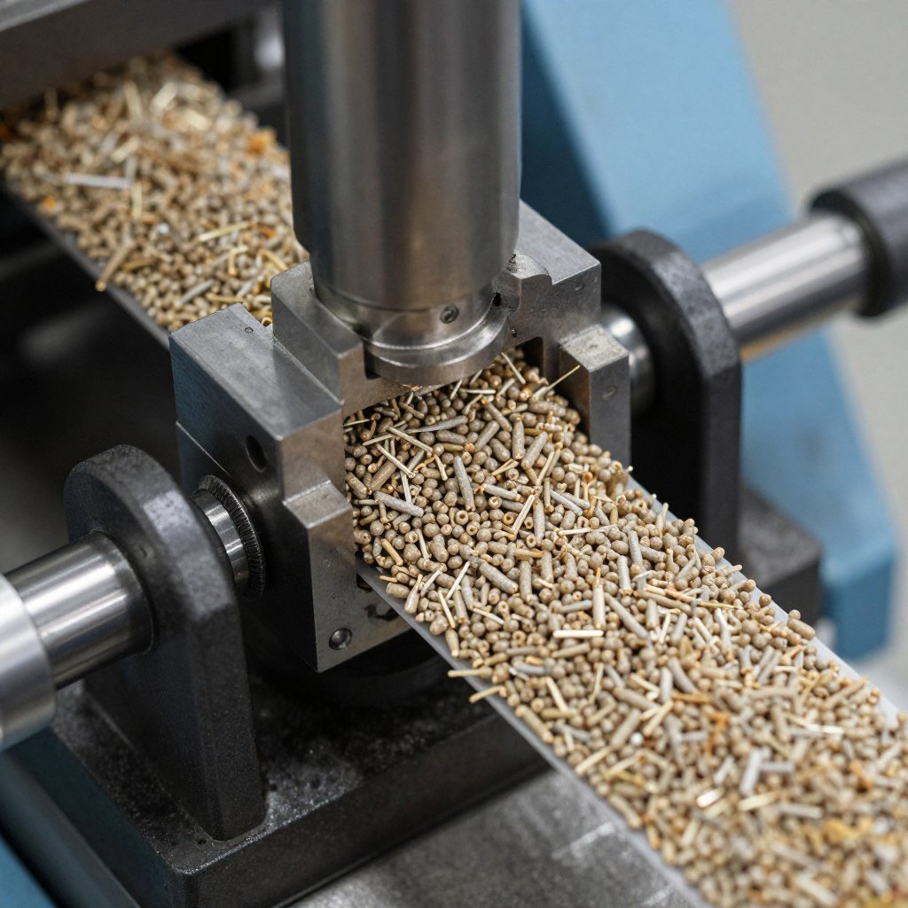 Close-up of manual pellet machine die and output Close-up of manual pellet machine die and output