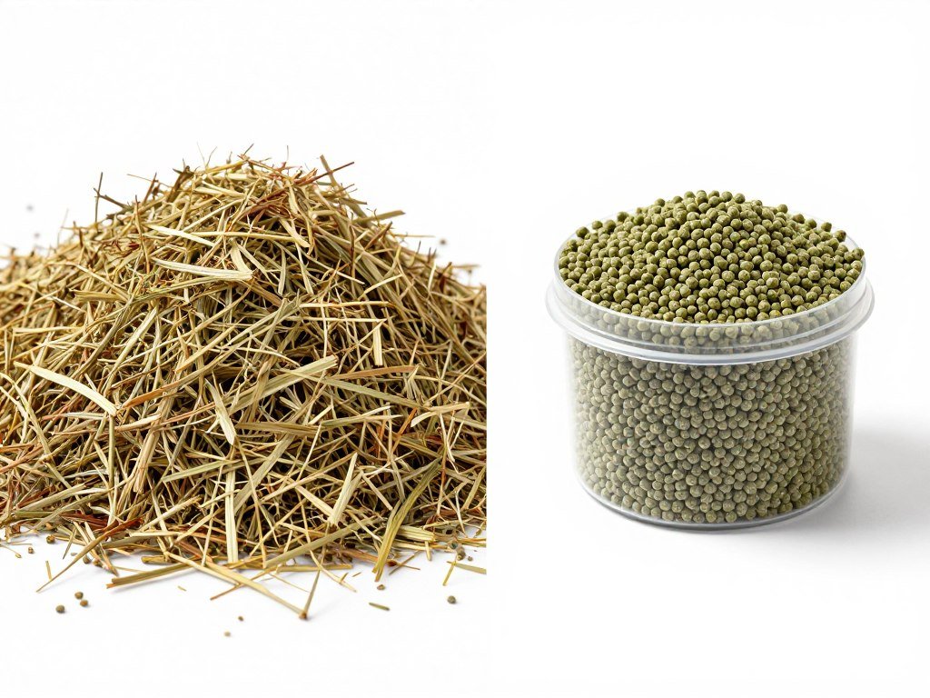 Comparison of loose lucerne hay versus compressed lucerne pellets showing size difference Comparison of loose lucerne hay versus compressed lucerne pellets showing size difference
