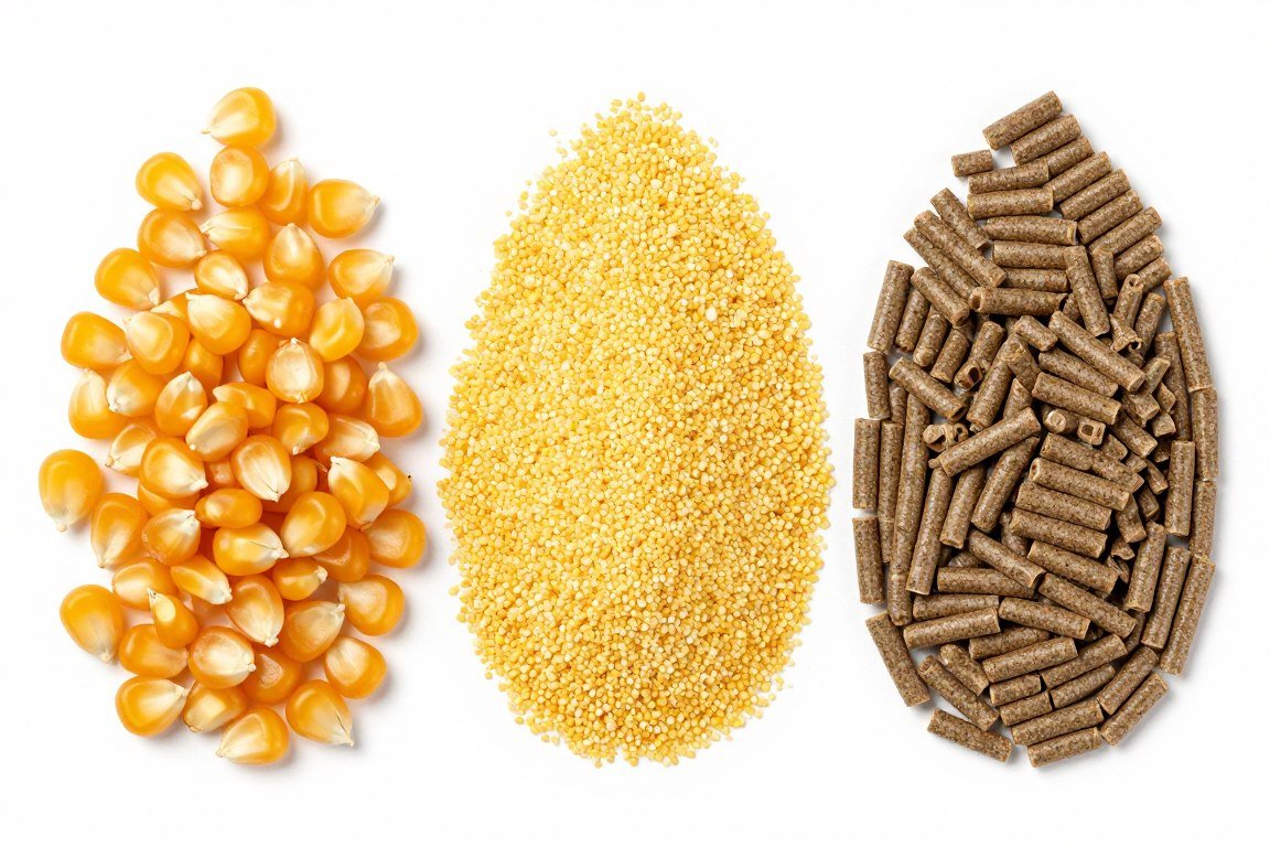 Comparison of whole maize kernels, ground maize, and finished feed pellets
