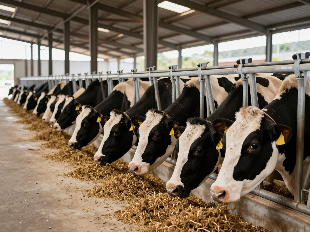 Dairy cows being fed lucerne pellets in modern feeding system Dairy cows being fed lucerne pellets in modern feeding system