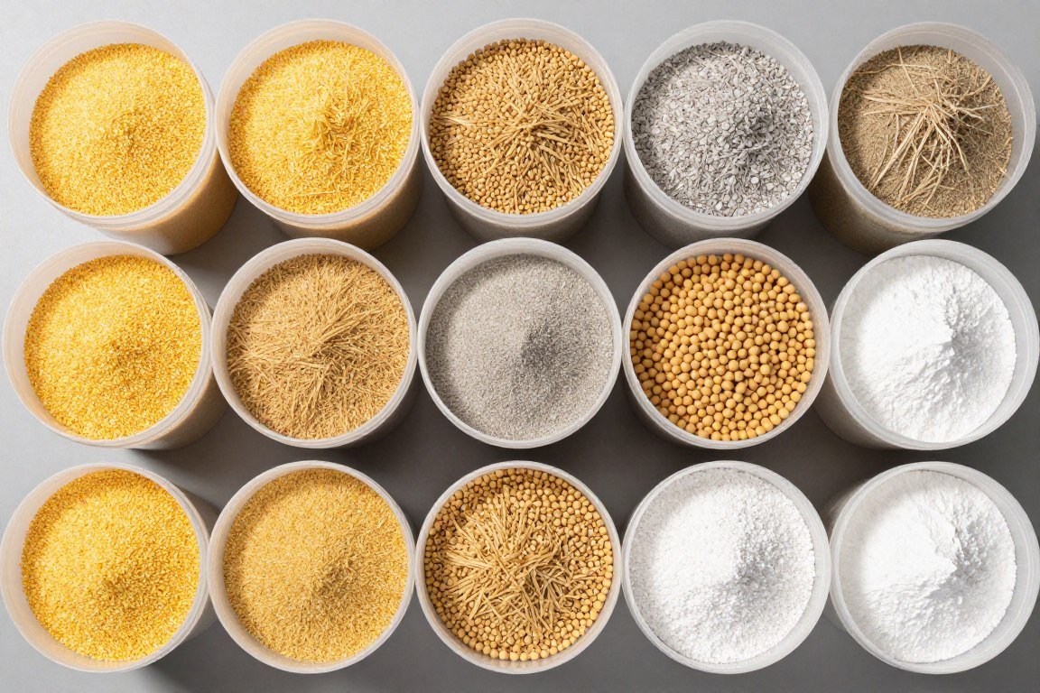 Different feed ingredients being mixed for custom pellet formulation
