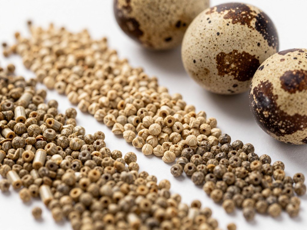 Different stages of quail feed pellets showing varying sizes and textures Different stages of quail feed pellets showing varying sizes and textures