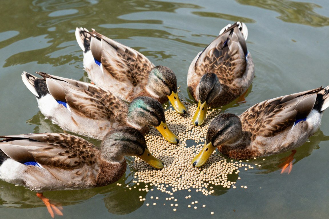 Ducks eating pellets from water Ducks eating pellets from water