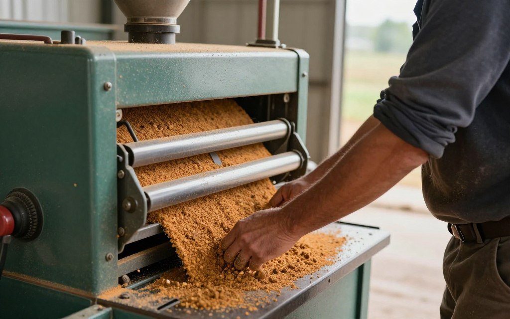 Farm owner operating feed pellet machine at Eastern Cape facility