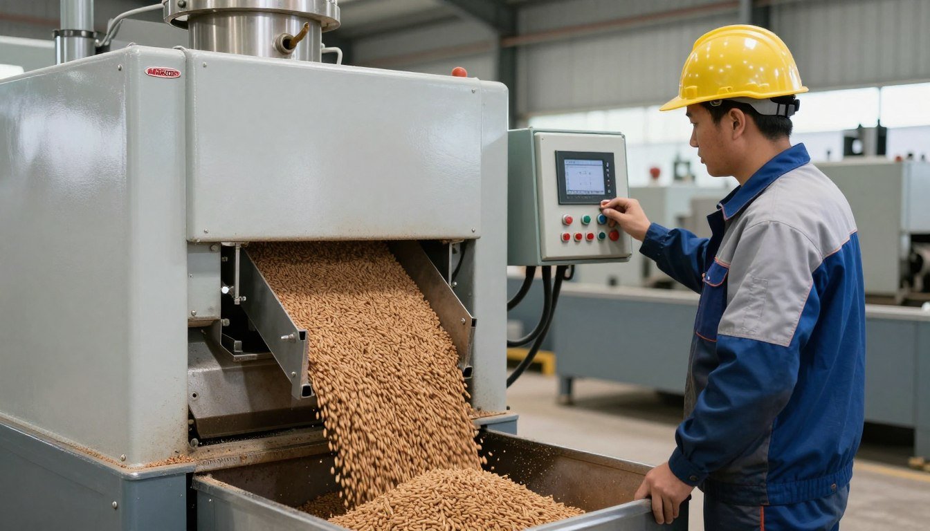 Farm worker operating MAIKONG feed pellet machine with proper safety equipment Farm worker operating MAIKONG feed pellet machine with proper safety equipment