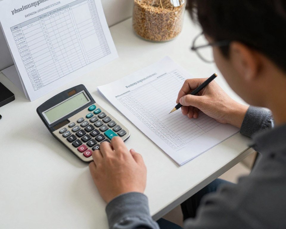 Farmer calculating feed requirements with calculator and livestock records