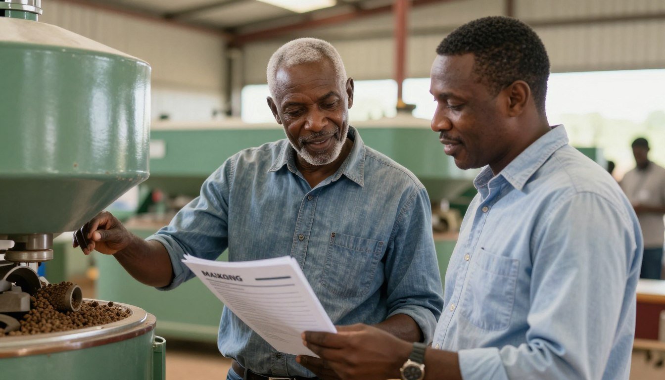 Farmer consulting with MAIKONG technical expert about pellet machine questions Farmer consulting with MAIKONG technical expert about pellet machine questions