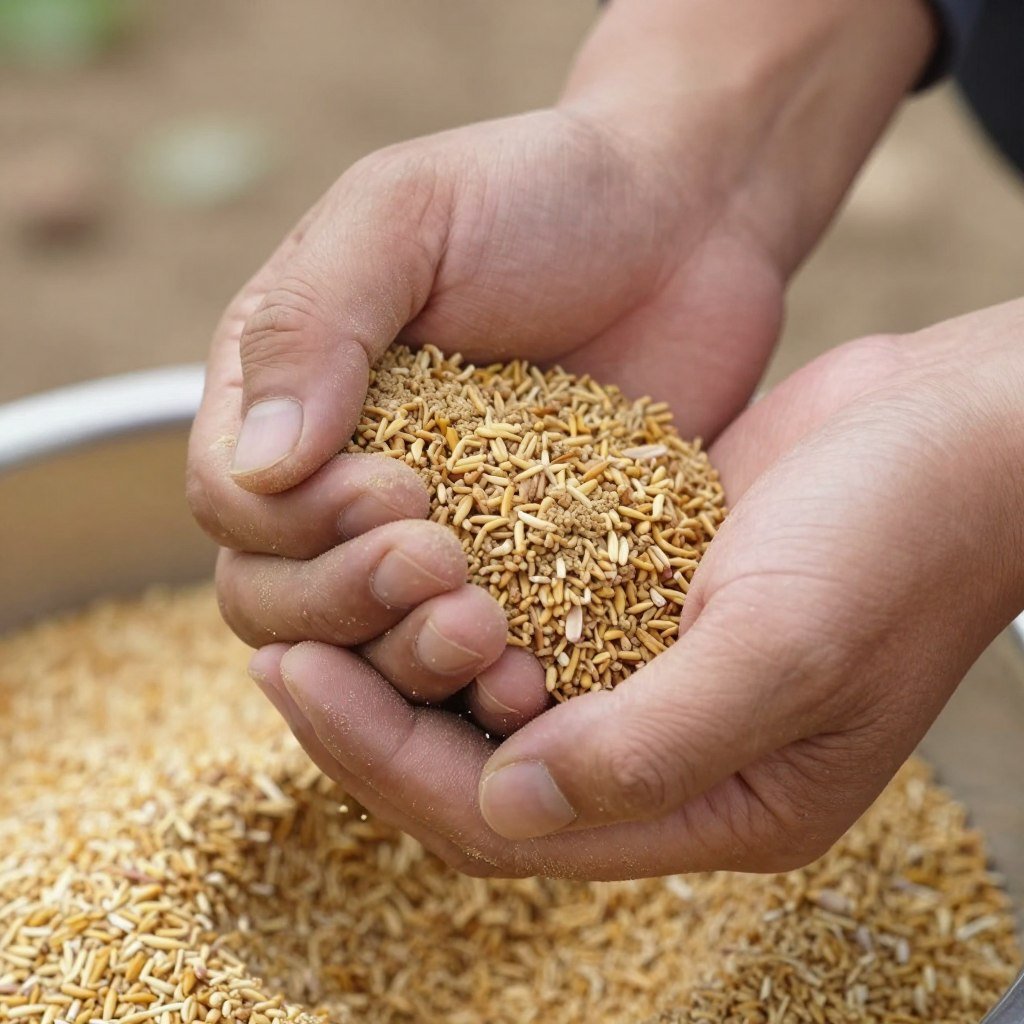 Farmer testing feed mixture moisture content by hand