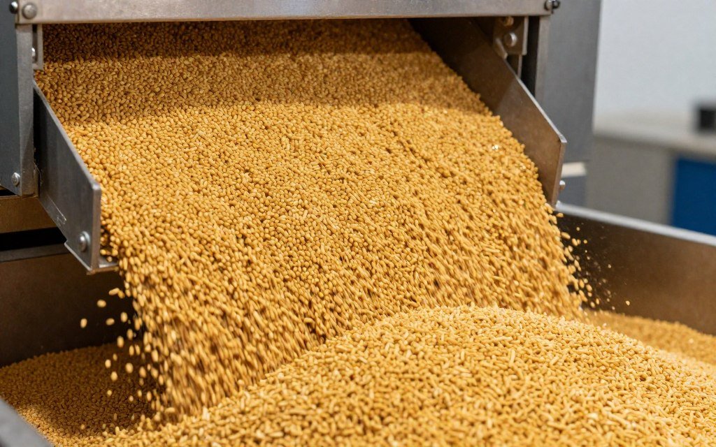 Feed pellet machine producing chicken feed pellets in operation