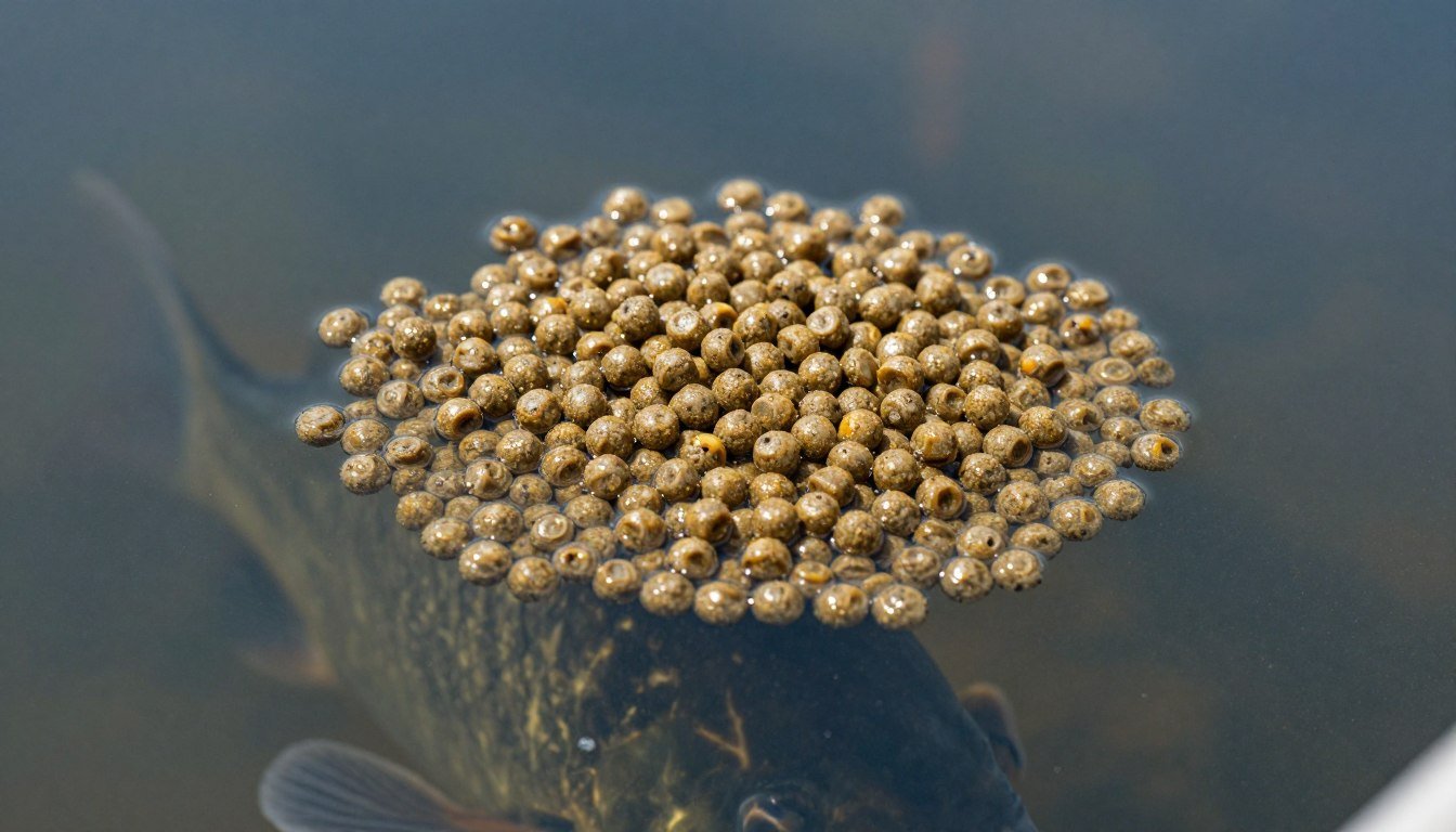 Floating fish feed pellets on water surface