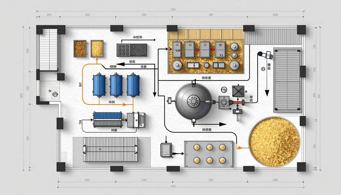Floor plan layout showing optimal feed pellet production facility design