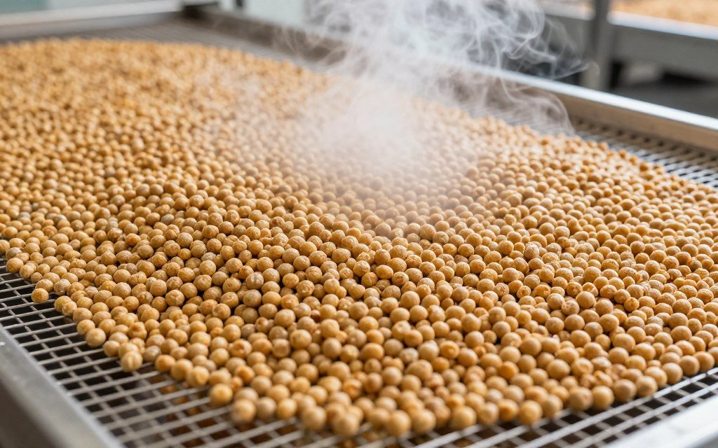 Freshly produced feed pellets cooling after production