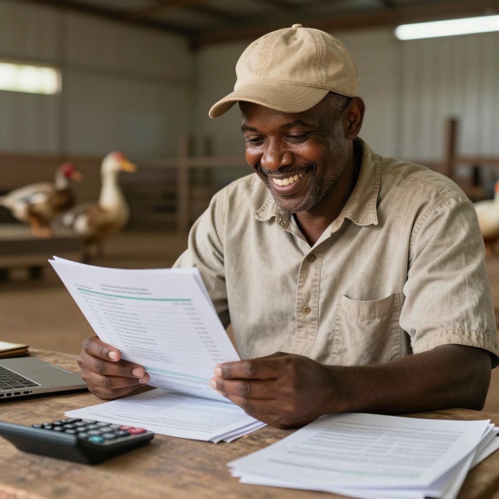 Happy farm owner counting savings Happy farm owner counting savings