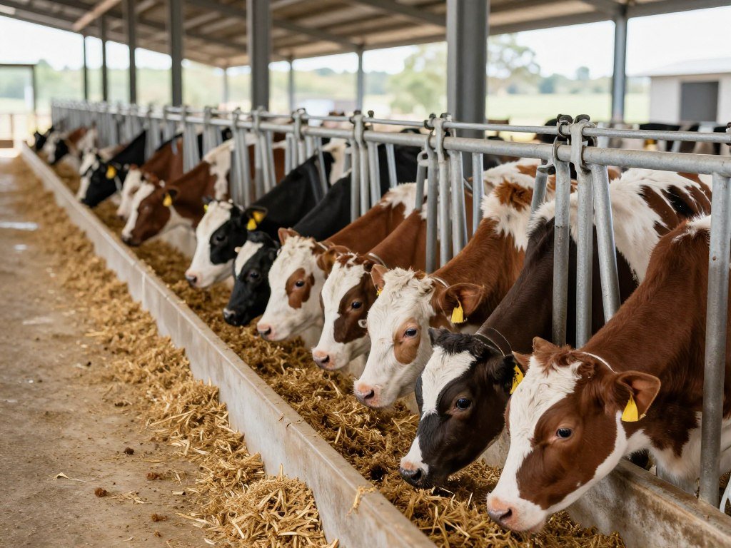 Healthy calves feeding on nutritious pellet feed in South African dairy farm Healthy calves feeding on nutritious pellet feed in South African dairy farm