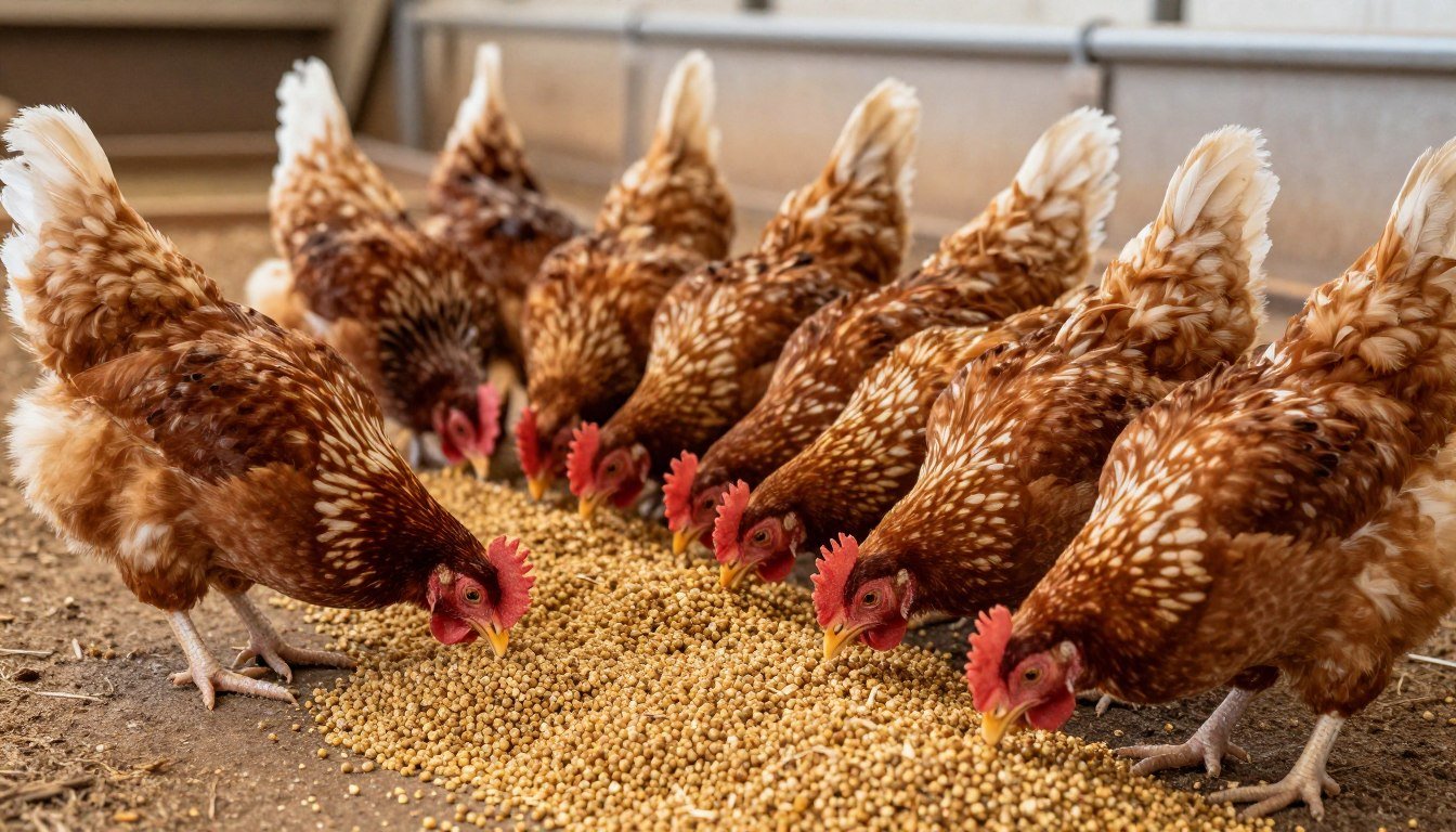 Healthy chickens eating fresh homemade pellets on a South African farm
