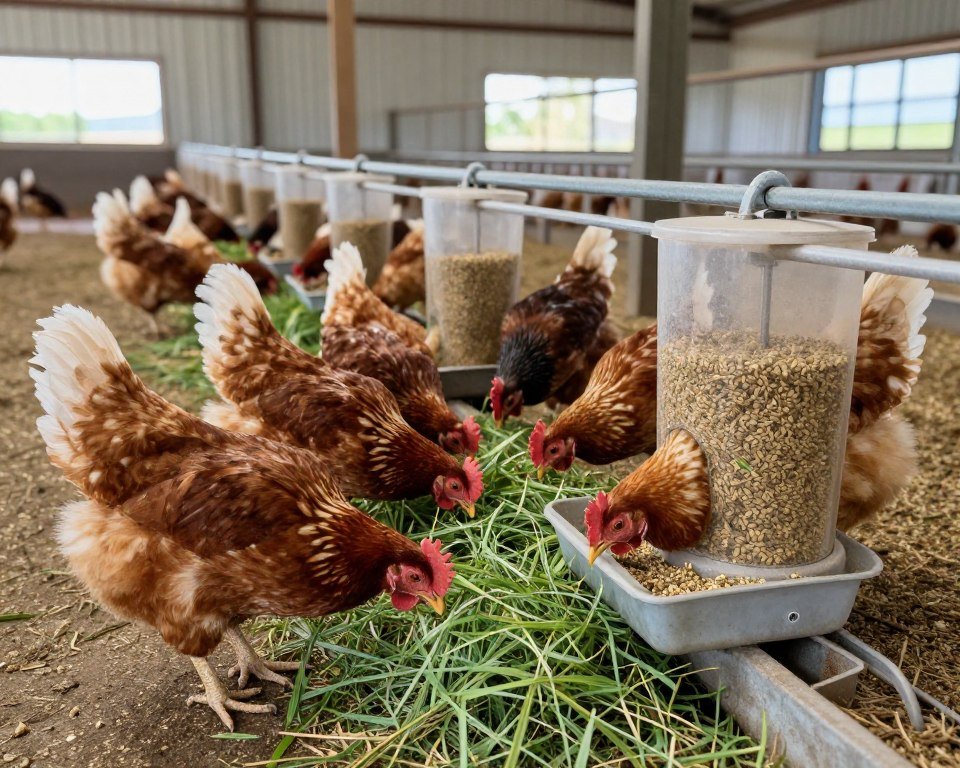 Healthy chickens eating grass feed pellets in a South African poultry farm