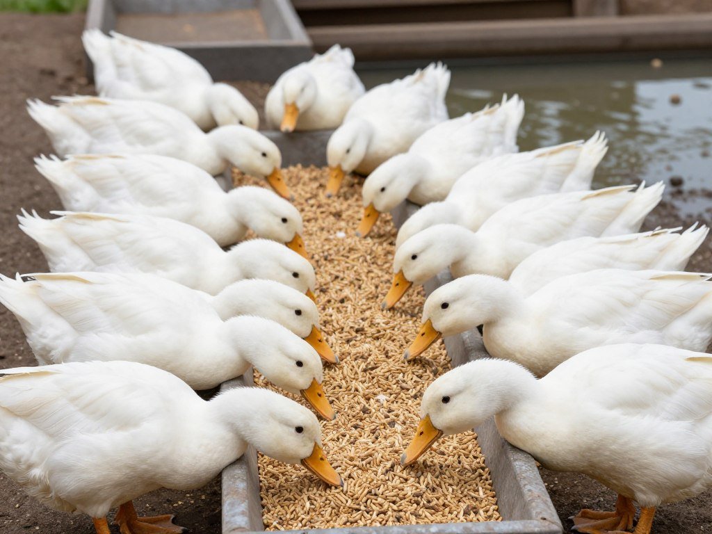 Healthy ducks and geese eating pellet feed on farm Healthy ducks and geese eating pellet feed on farm