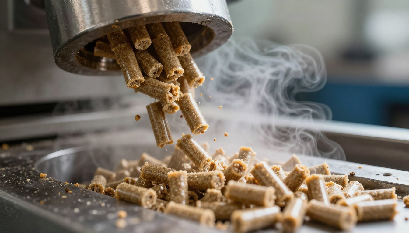 MAIKONG pellet making machine in operation showing pellets forming through die