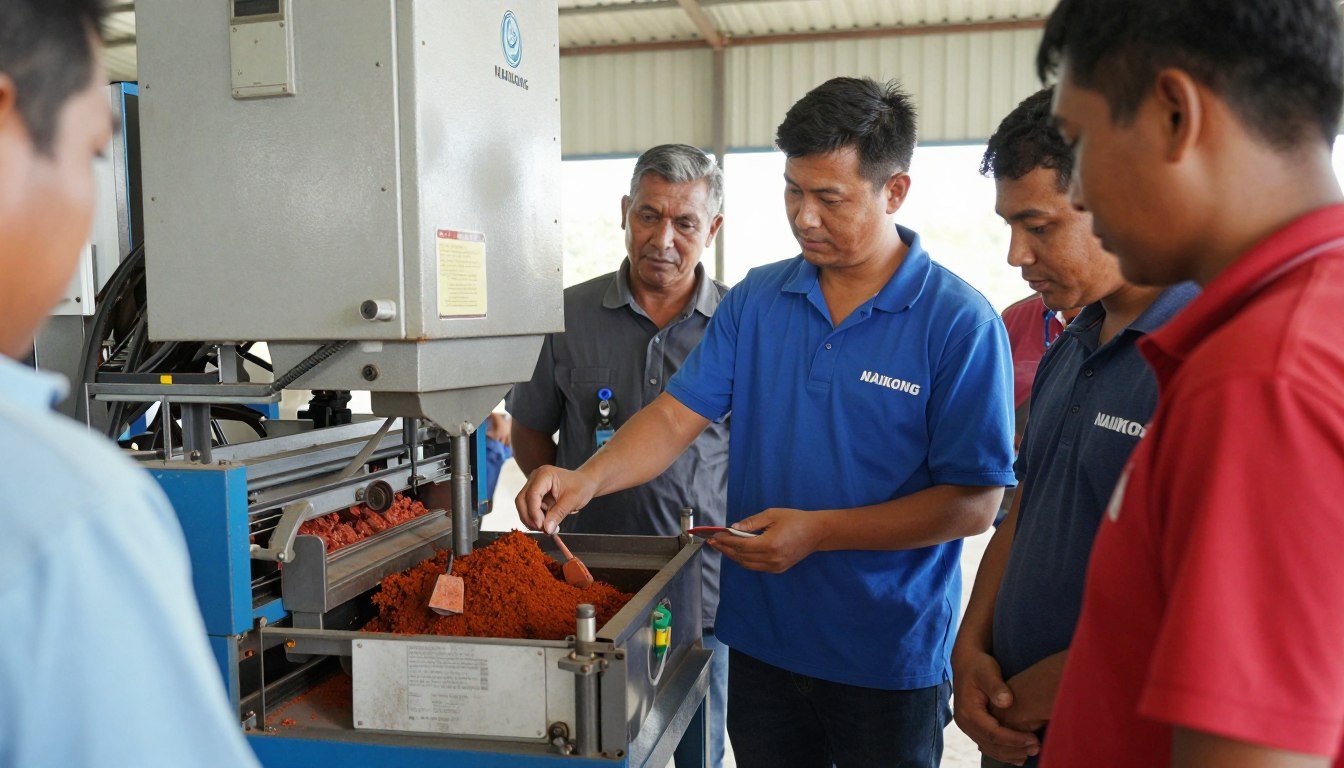 MAIKONG technician training farm workers on pellet machine operation MAIKONG technician training farm workers on pellet machine operation