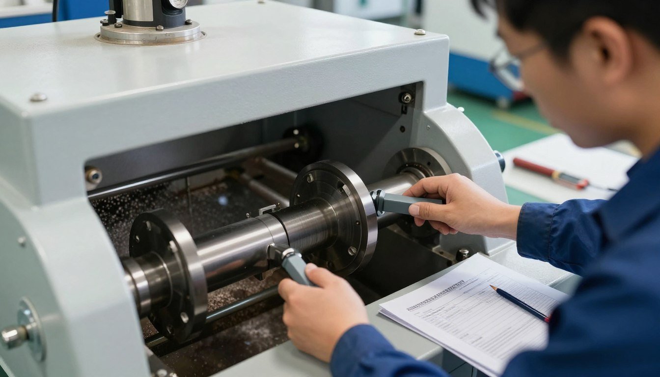 Maintenance being performed on feed pellet machine components