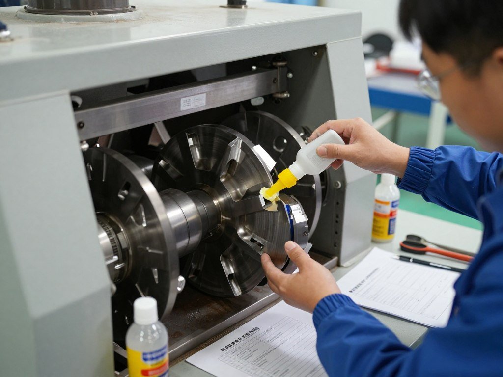 Maintenance procedures showing cleaning and lubrication of feed pellet machine