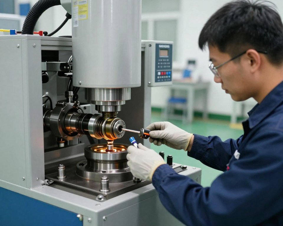 Maintenance technician performing routine service on feed pellet machine Maintenance technician performing routine service on feed pellet machine