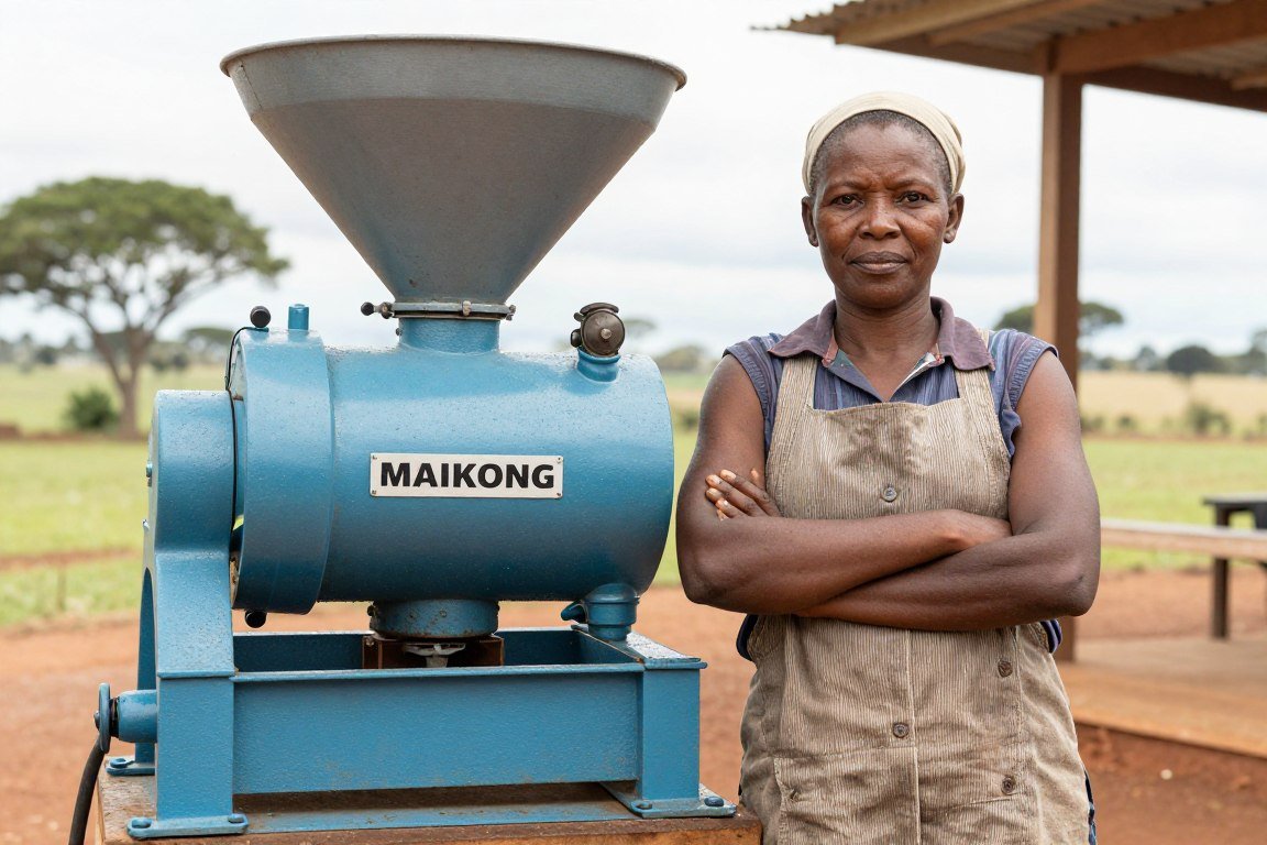 Mrs. Ndlovu with her MAIKONG pellet machine Mrs. Ndlovu with her MAIKONG pellet machine