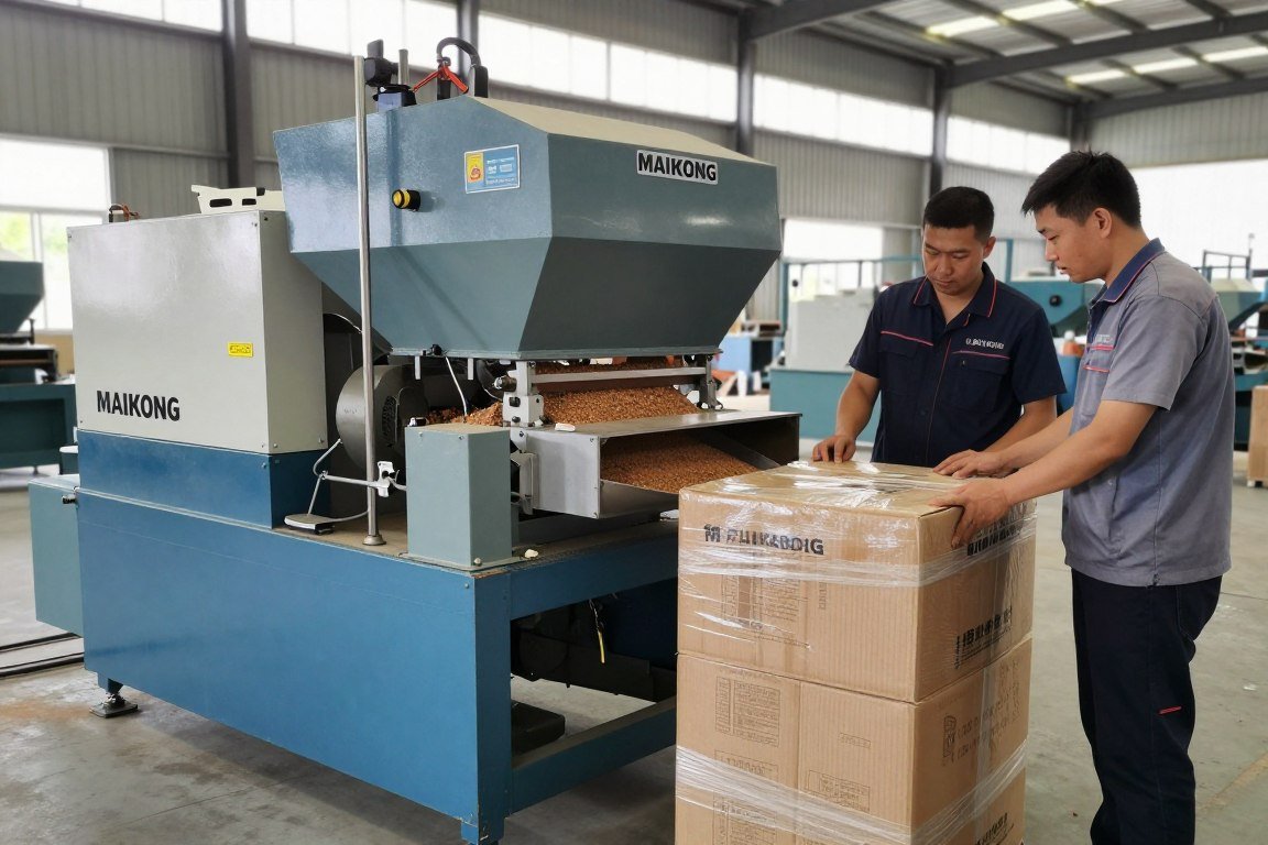 New feed pellet machine being unboxed and set up