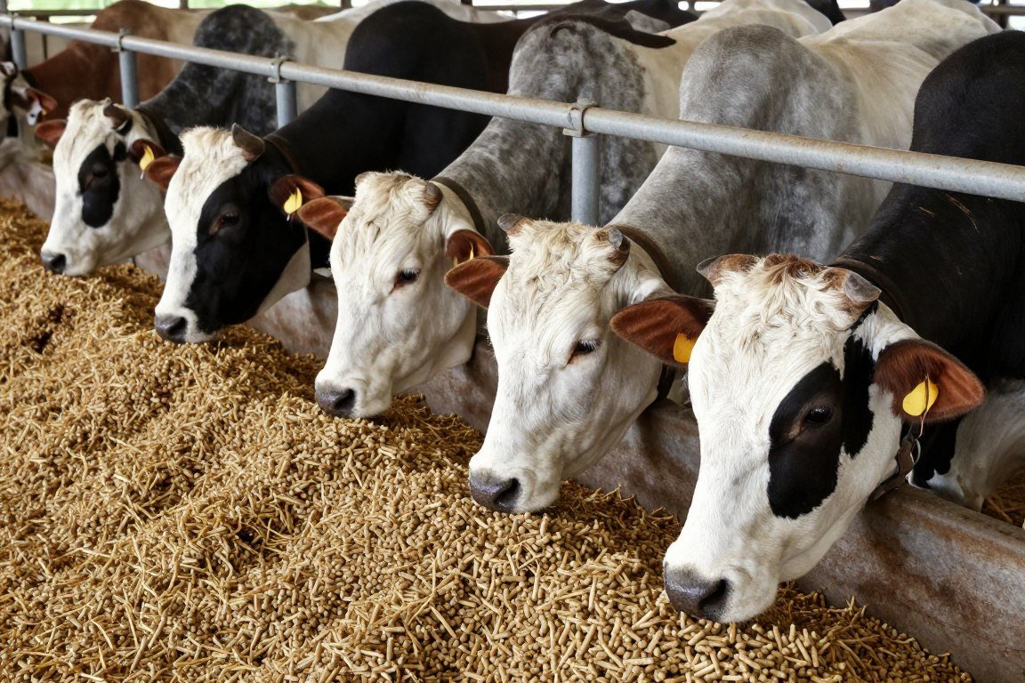 Nguni cattle feeding on pelleted roughage