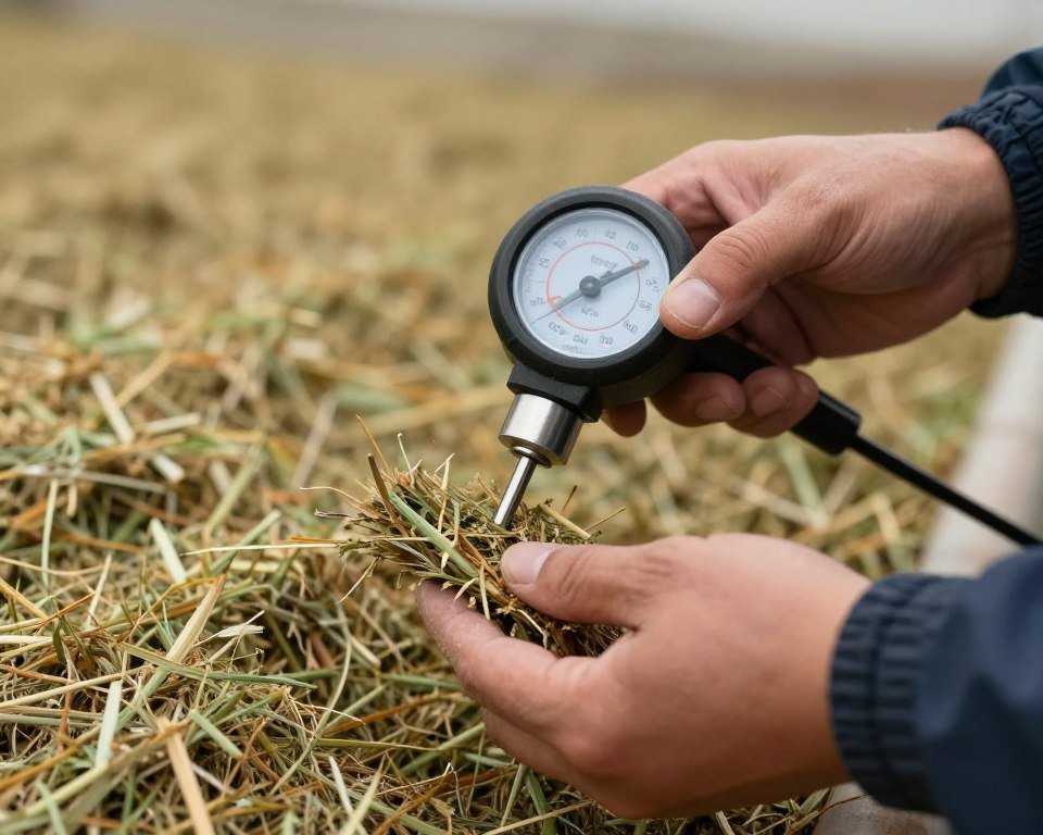 Operator checking moisture content of grass materials with testing device
