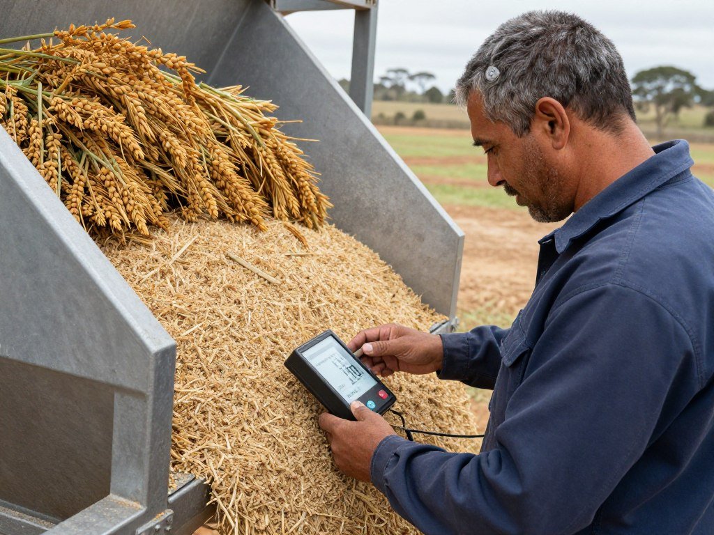 Operator preparing roughage materials for pellet production
