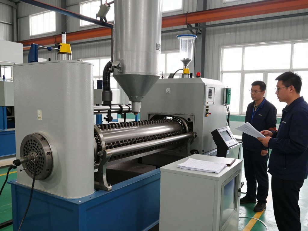 Pellet machine undergoing factory acceptance testing Pellet machine undergoing factory acceptance testing