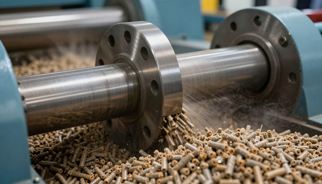 Pellet mill die and roller mechanism in action Pellet mill die and roller mechanism in action