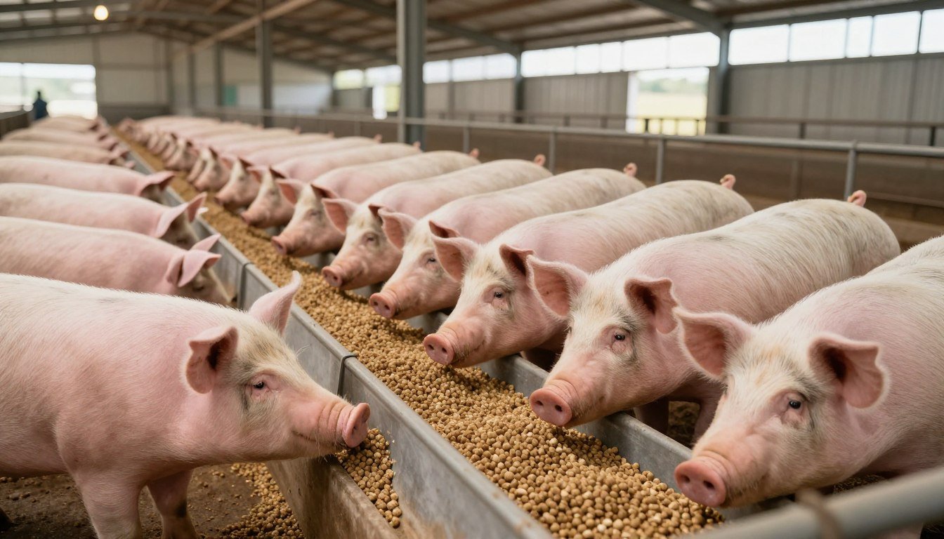 Pigs feeding from pelleted feed in modern South African pig farm