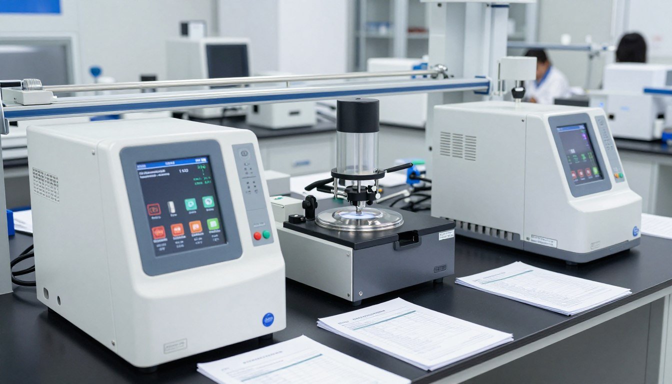 Quality control testing of feed pellets showing laboratory analysis equipment