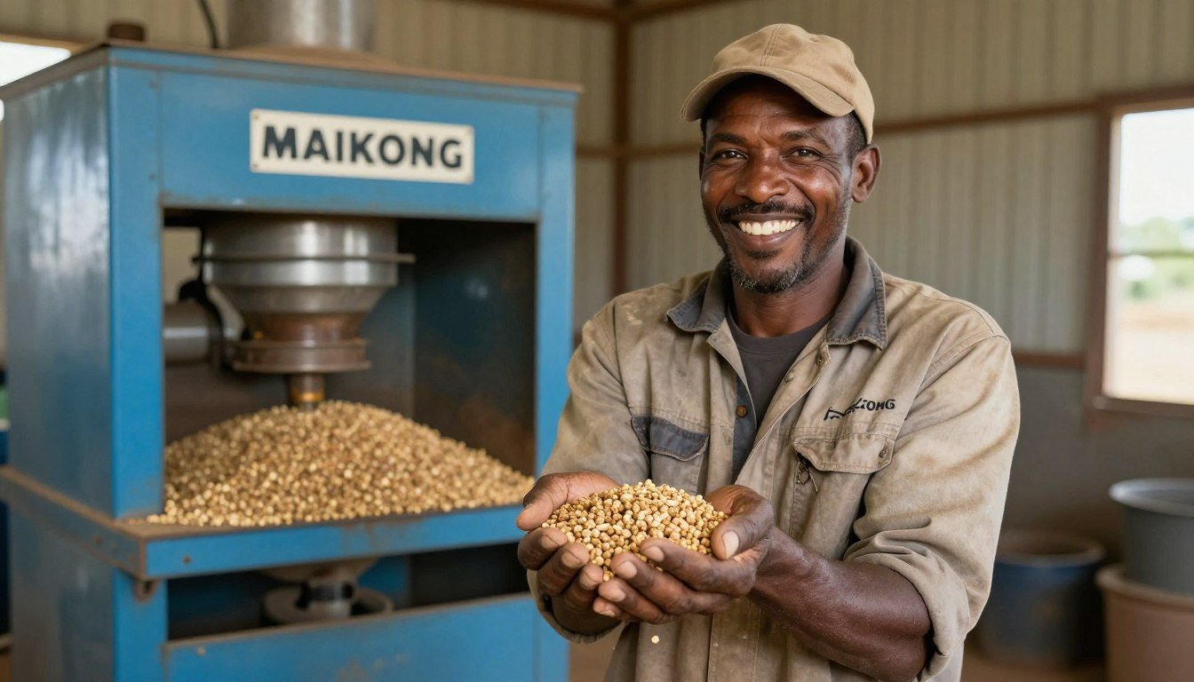 South African farmer examining feed pellets produced by MAIKONG machine