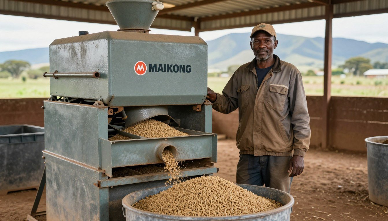 South African farmer standing next to MAIKONG pellet machine on commercial farm South African farmer standing next to MAIKONG pellet machine on commercial farm