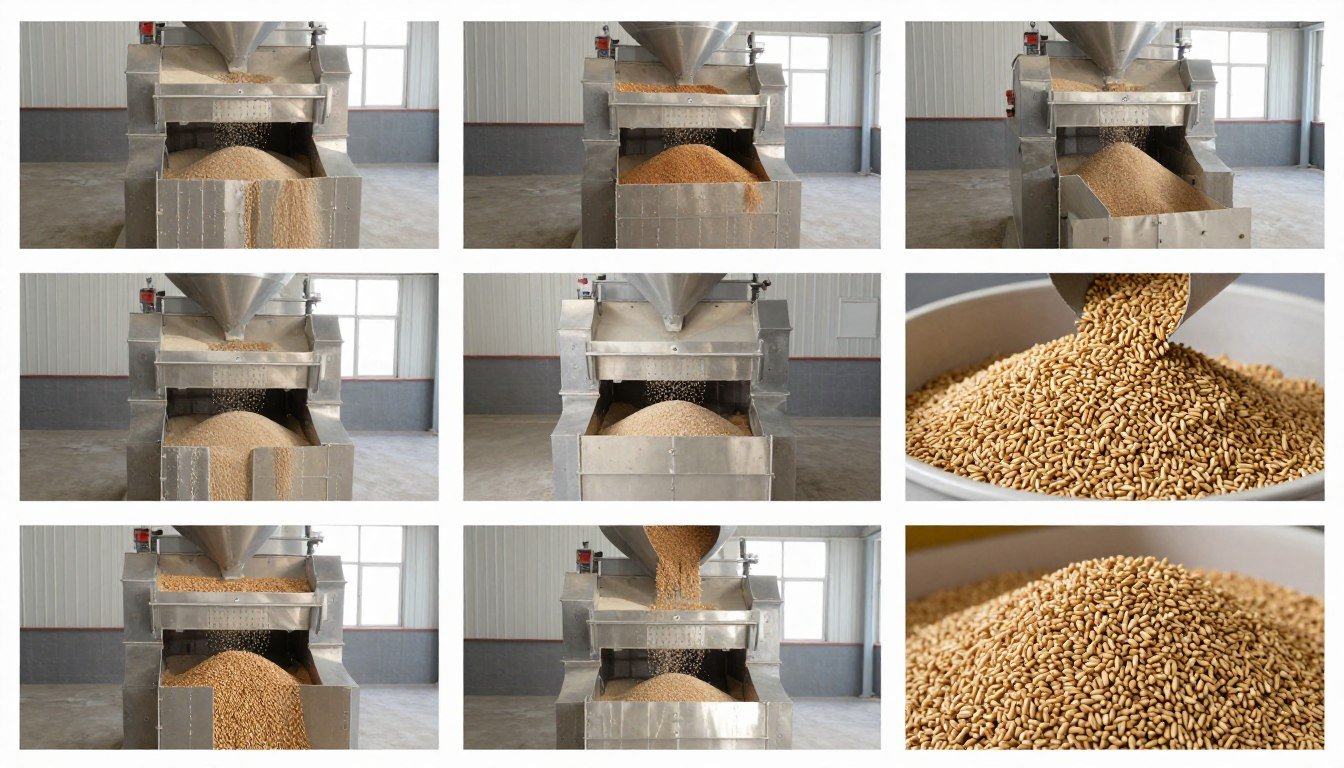 Step-by-step operation of feed pellet machine showing loading and production