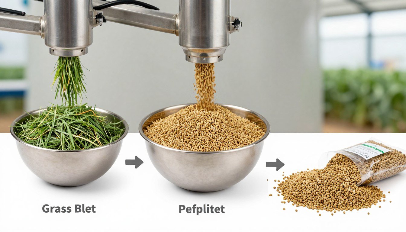 Step by step visual process of grass pellet production from raw grass to finished feed pellets