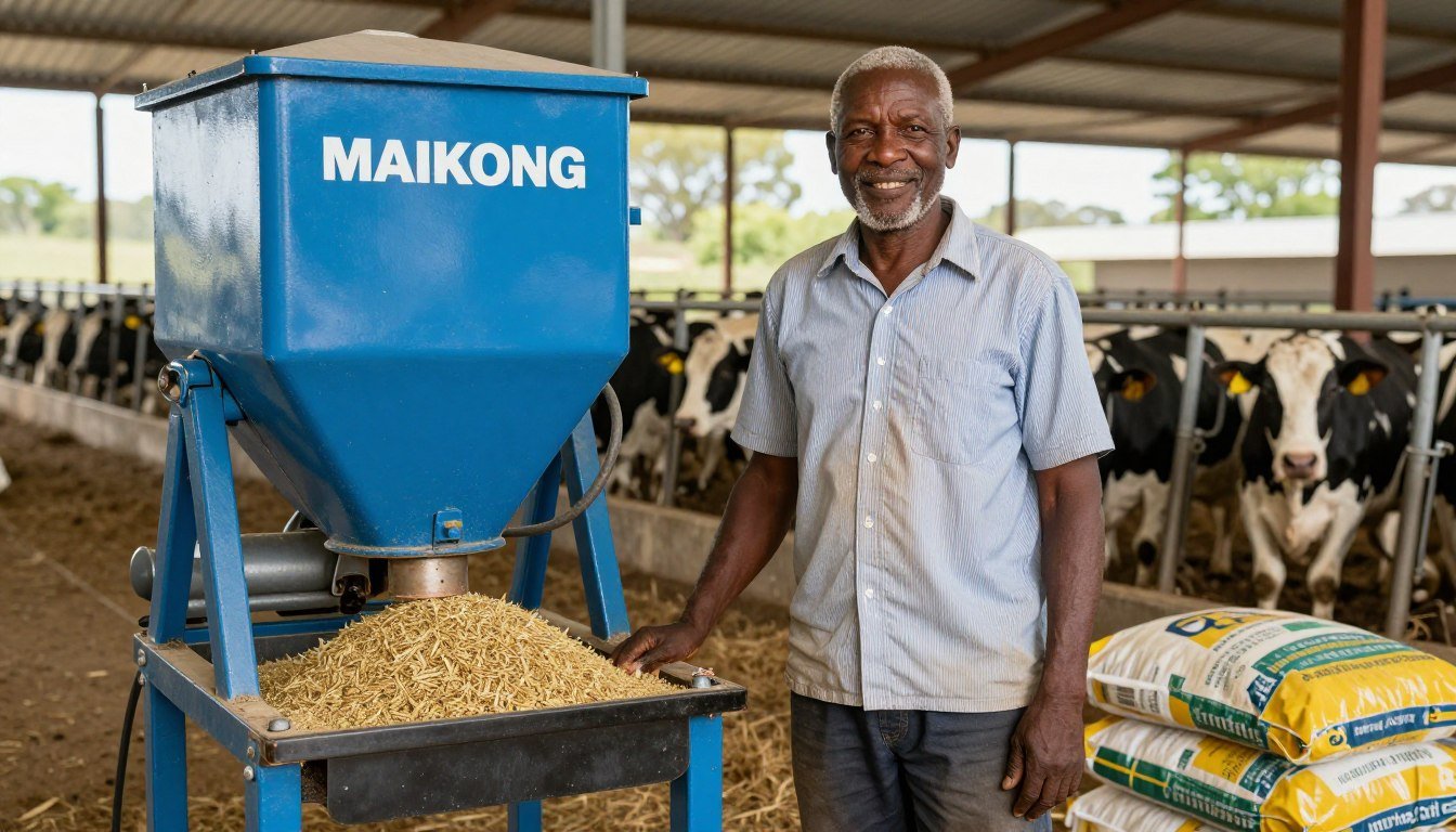 Successful South African farmer standing beside MAIKONG pellet machine with finished feed pellets