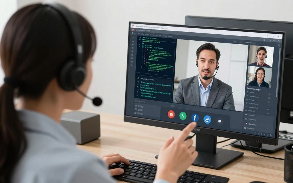 Technical support team assisting customer Technical support team assisting customer