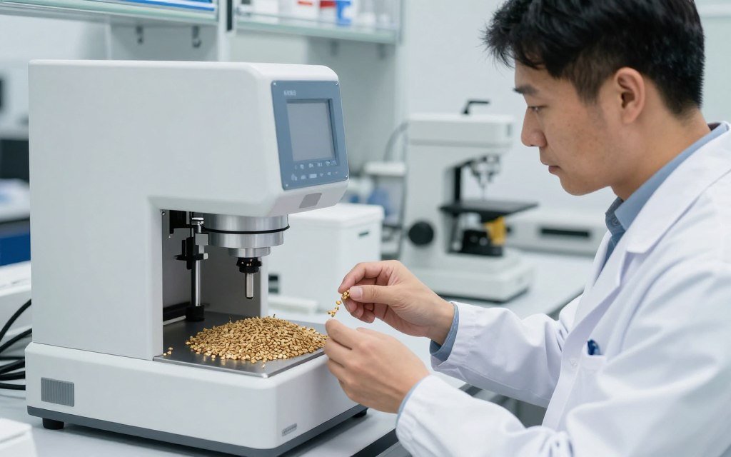 Technician examining lucerne pellet quality with testing equipment Technician examining lucerne pellet quality with testing equipment