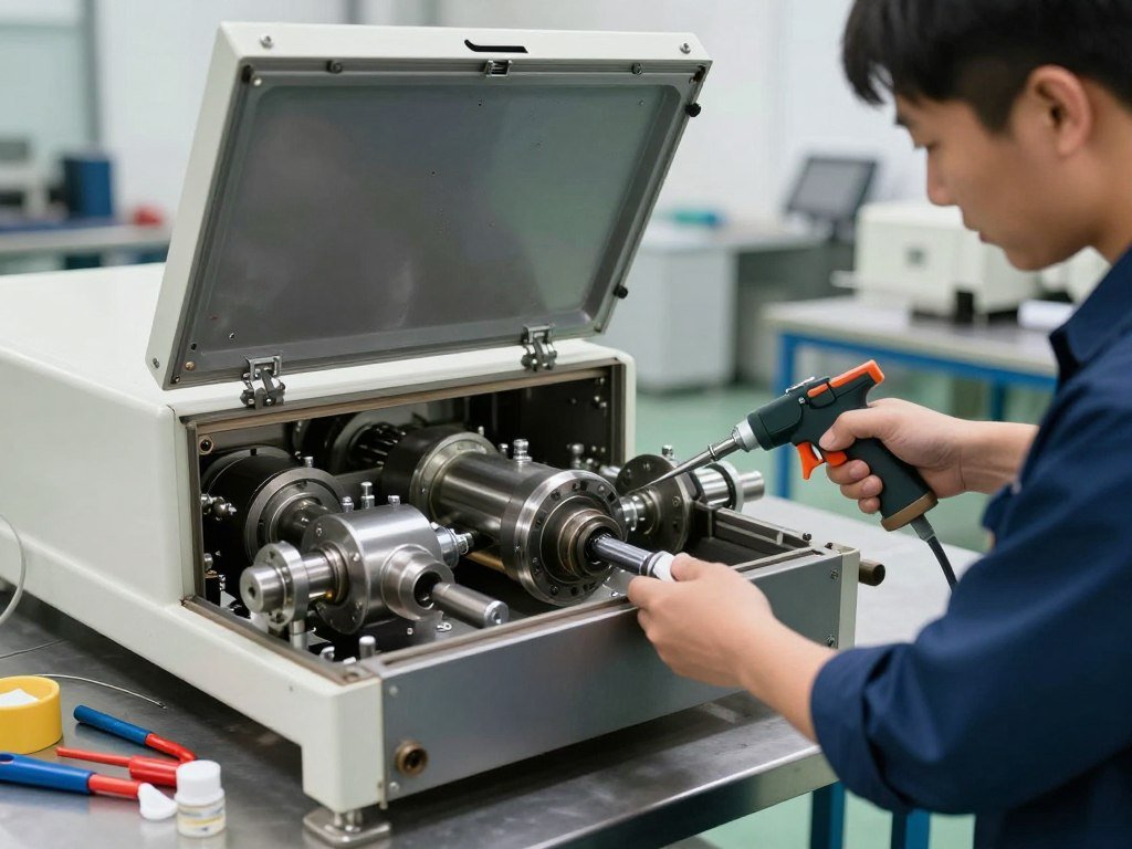 Technician performing routine maintenance on MAIKONG pellet machine