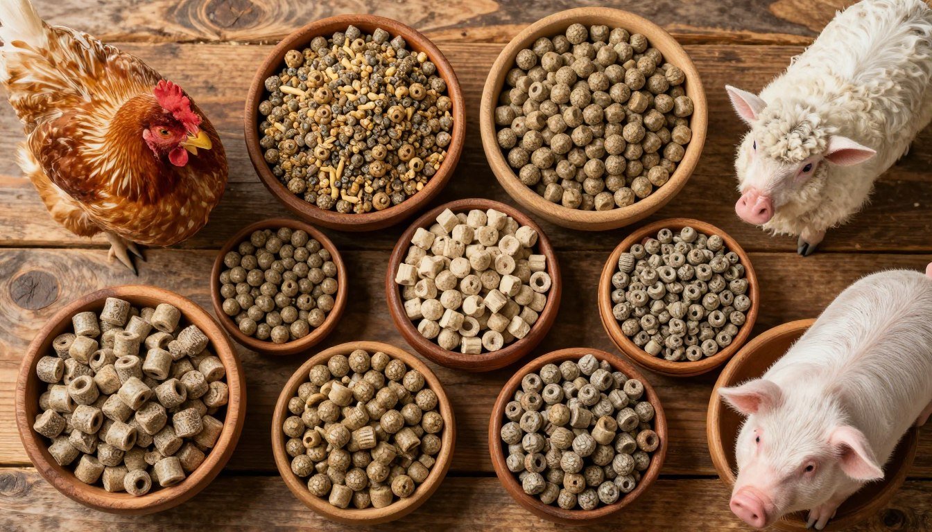 Various animal feed pellets for different livestock species